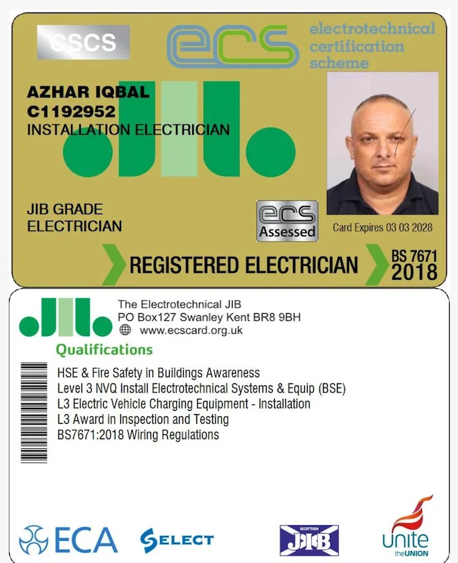 Saim Electrical JIB Gold Card verified elite electrician credentials.